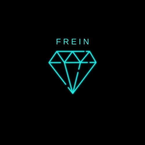 Neon blue geometric diamond with 'FREIN' text on black background.