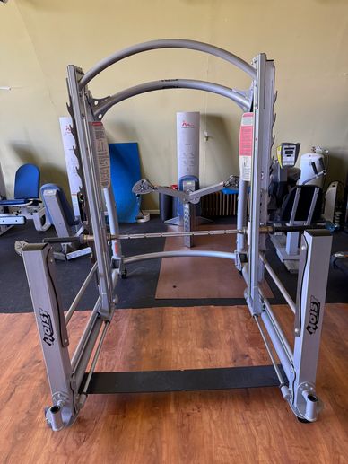 Metal frame structure for fitness equipment in a gym room.