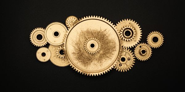 Arrangement of interconnected golden gears on a black background.