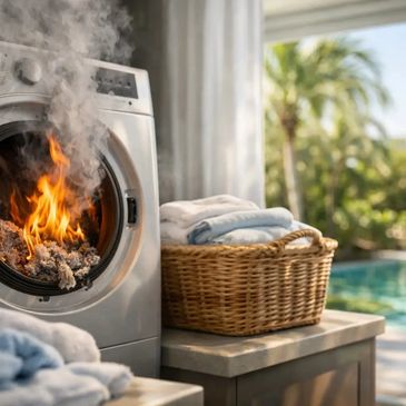 Laundry on fire inside a washing machine.