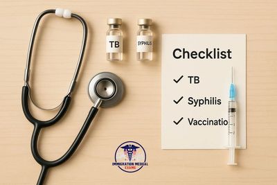 Medical checklist for TB, Syphilis, and Vaccination with stethoscope and syringe.