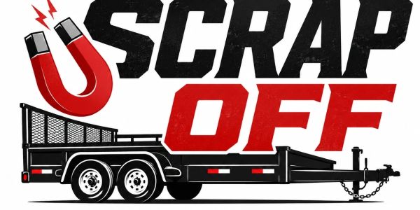 Logo for 'Scrap Off' with magnet and trailer.