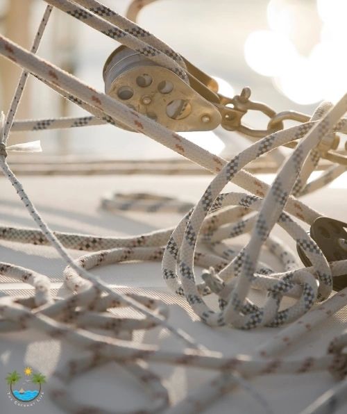 Lines of a sailboat on the top deck. 