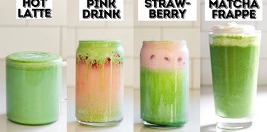 Four colorful green drinks in different styles.