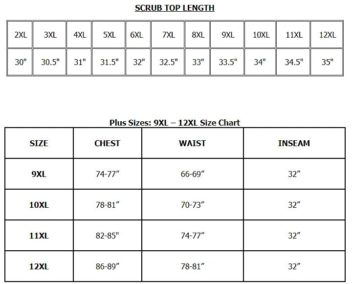 Scrub Top Length & Plus Sizes 9XL - 12XL Size Chart