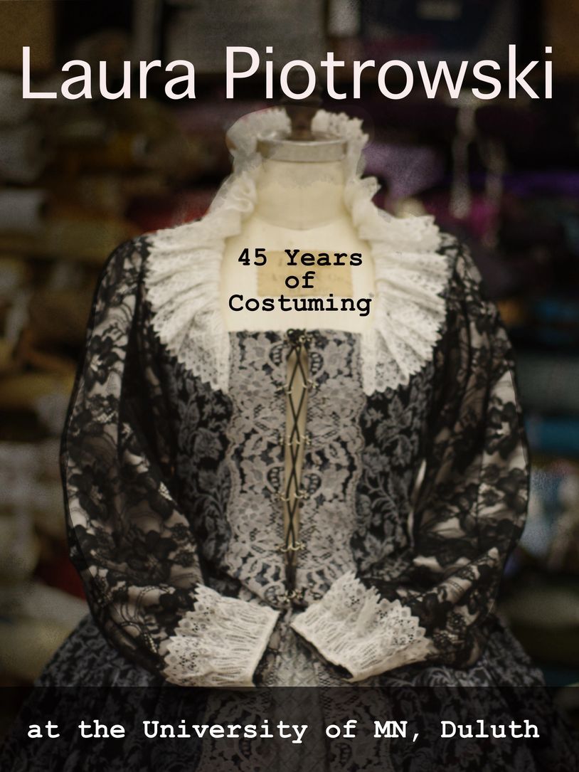 Vintage costume with text about Laura Piotrowski's 45 years of costuming.