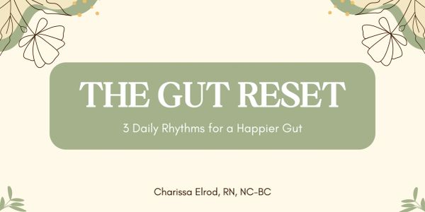 Title slide for 'The Gut Reset' by Charissa Elrod, emphasizing daily rhythms for a happier gut.