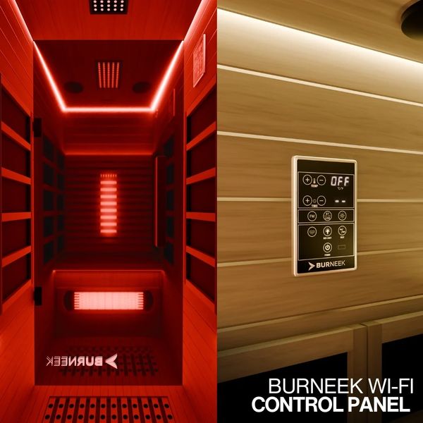 Red-lit sauna interior with Burneek Wi-Fi control panel.