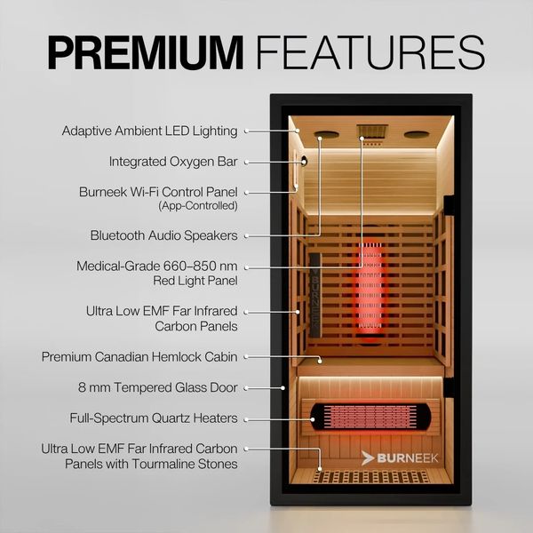 Diagram of a premium infrared sauna and its features.