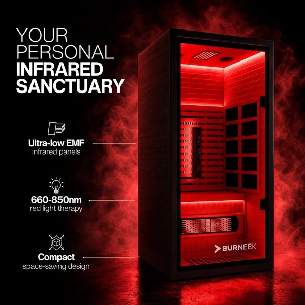 Personal infrared sanctuary with red light therapy and compact design.