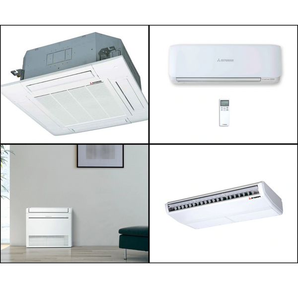 Four different types of Mitsubishi air conditioning units shown in a grid.