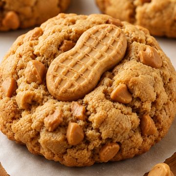 Close-up of a peanut butter cookie with peanut butter chips and a peanut on top.
