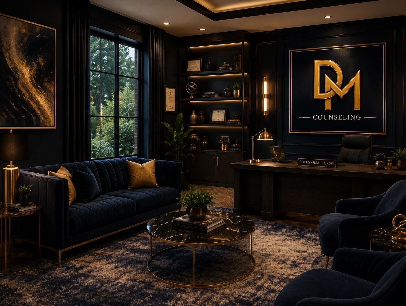 Luxurious counseling office with dark blue and gold decor.