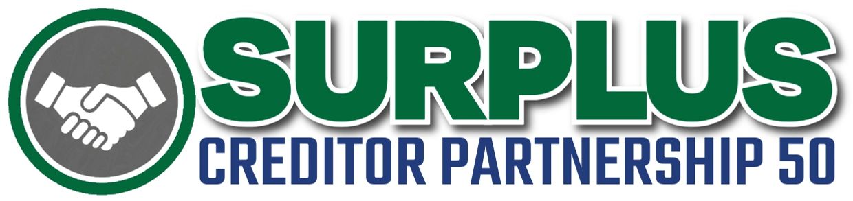 Logo with handshake icon and text 'SURPLUS Creditor Partnership 50'.