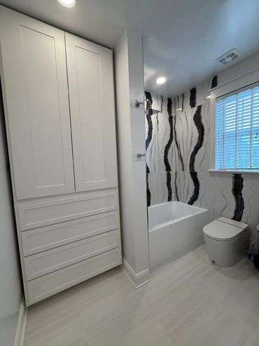 High-end bathroom design with marble finishes,