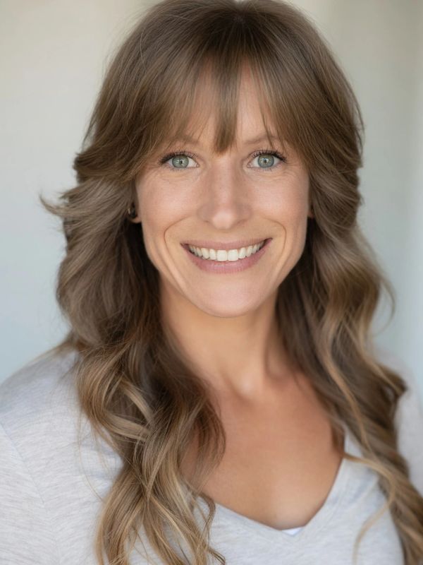 Smiling woman with long wavy hair and bangs.