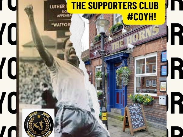 Collage showing a football fan celebrating and The Horns pub, supporting the club #COYH.