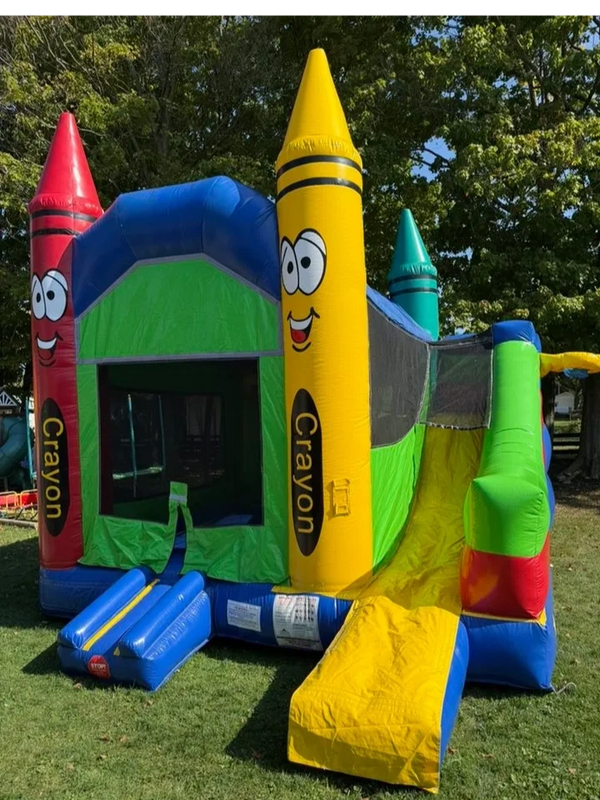 Crayon Themed Bounce House Combo with Slide and Basketball Hoops