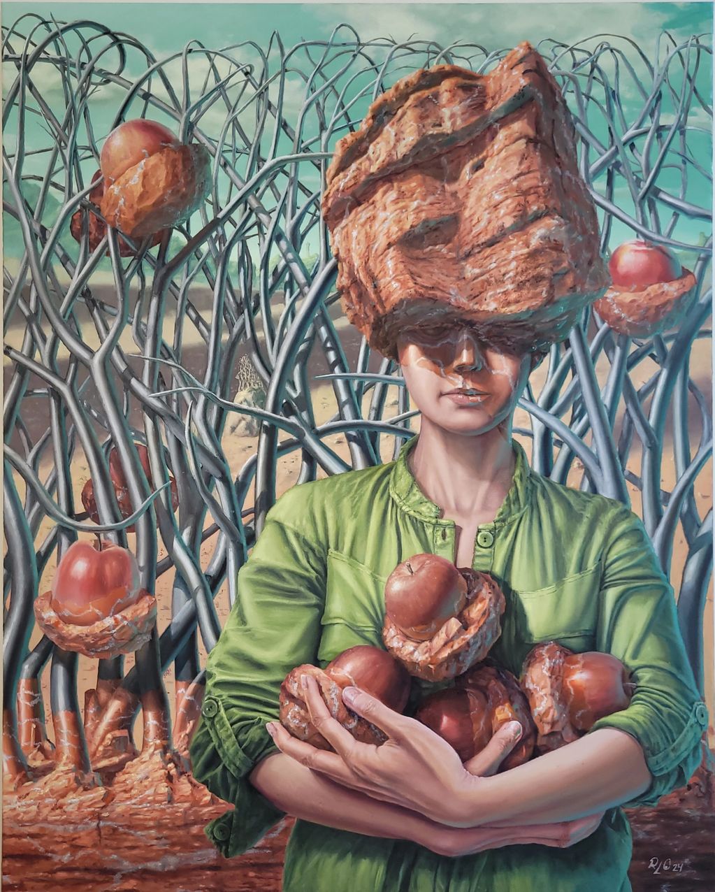 Woman holding apples in the background branches twirling in and out of each other 