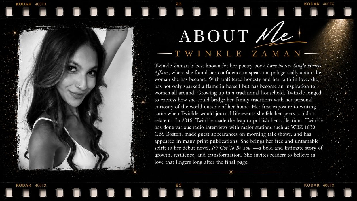 Black and white portrait of Twinkle Zaman with her biography text on the right side.