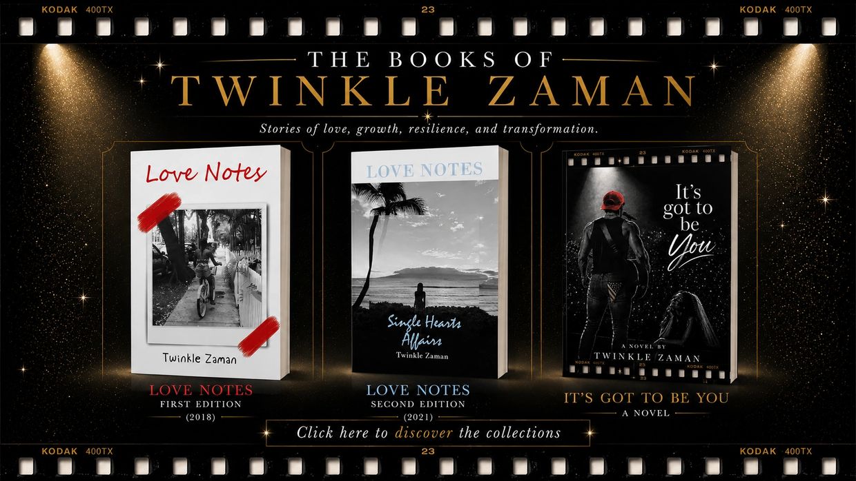 A stylish display of three books by Twinkle Zaman under spotlight with vintage film strip border.