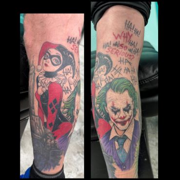 Tattoo of Harley Quinn and Joker with Joker's laugh text.
