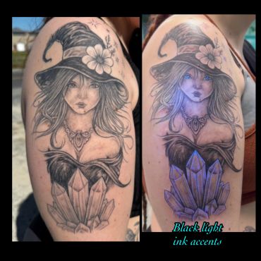 Tattoo of a witch with crystals, glowing under black light.