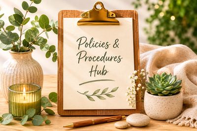 Clipboard with 'Policies &amp; Procedures Hub' surrounded by plants and cozy decor.