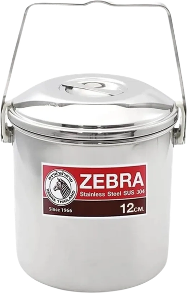 Stainless steel Zebra brand container with lid and handle.