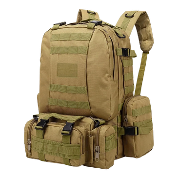 Tactical military-style backpack in tan color.