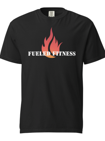Black T-shirt with a flame and 'Fueled Fitness' text design.