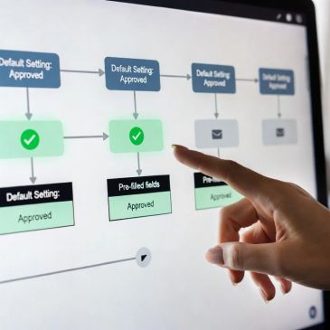 Hand pointing at workflow on touchscreen.
