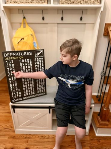 Young boy pointing at a back-to-school milestone board with a yellow backpack behind.