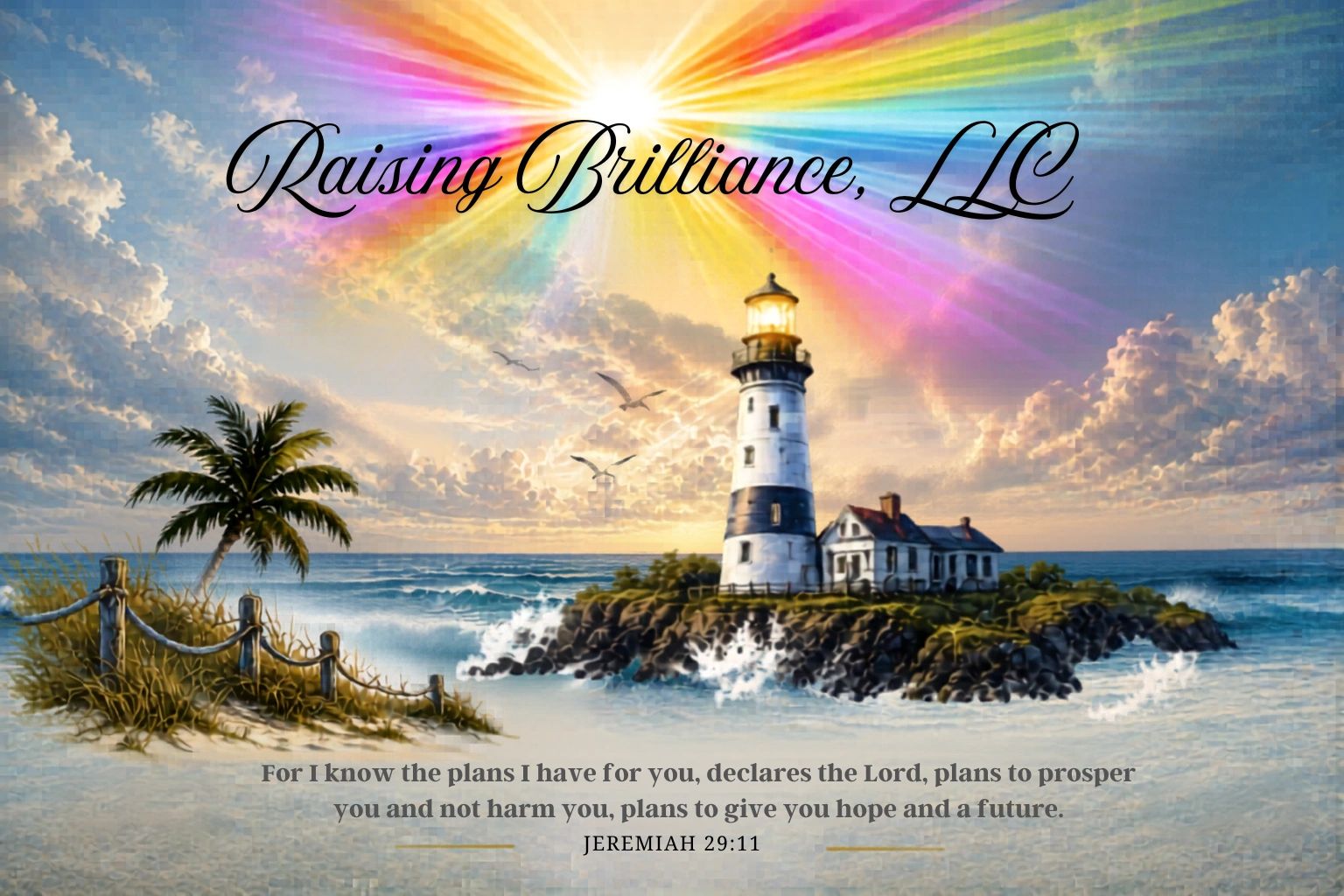Lighthouse on a rocky shore with a rainbow sun and inspirational text.