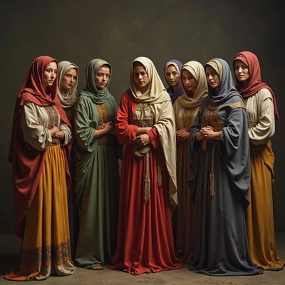 A group of women dressed in traditional, modest robes with headscarves, standing solemnly.