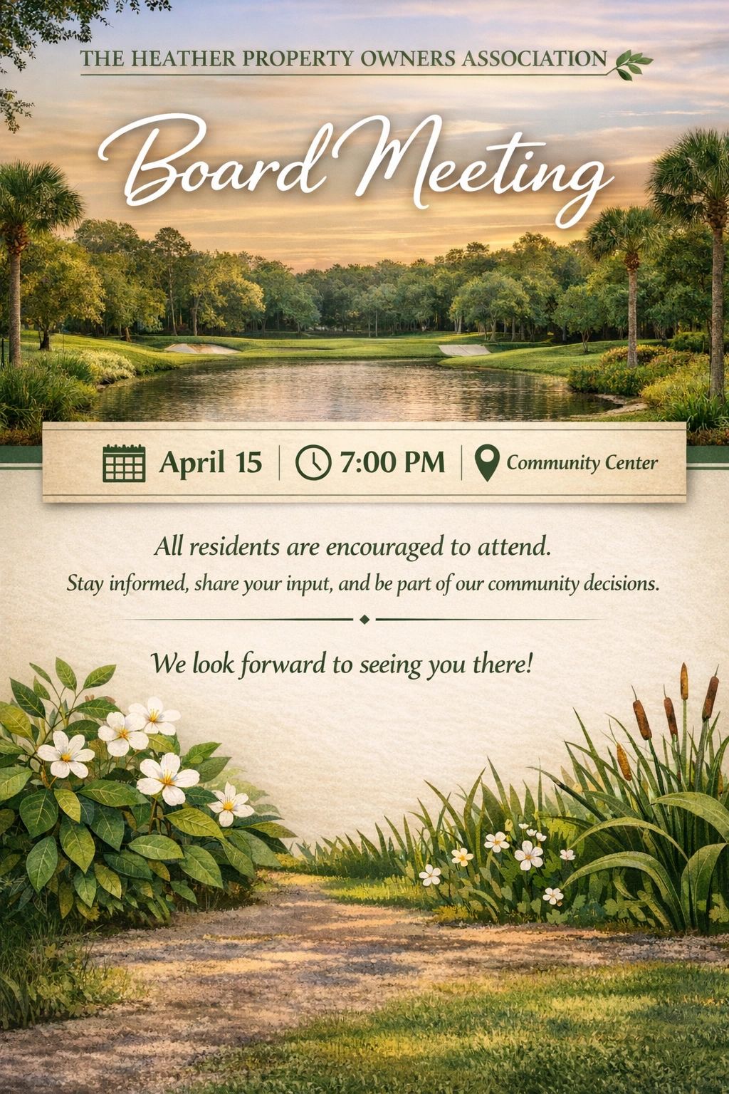 Invitation to Heather Property Owners Association board meeting on April 15 at 7 PM.