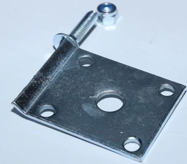 Metal hinge plate with attached bolt and nut on a white surface.