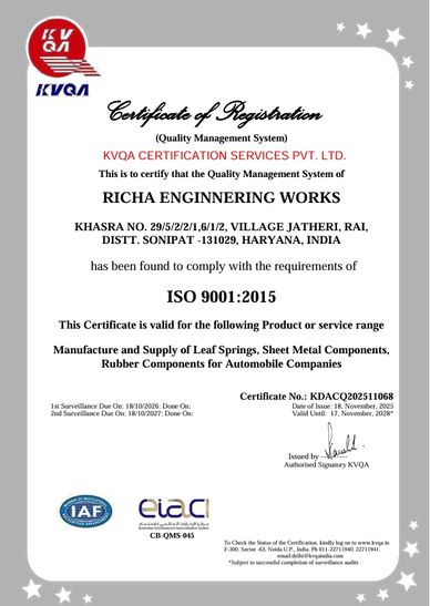 ISO 9001:2015 certificate for Richa Enginnering Works in Haryana, India.