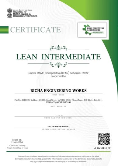 Certificate for Lean Intermediate awarded to Richa Engineering Works under MSME Competitive (LEAN) Scheme 2022.