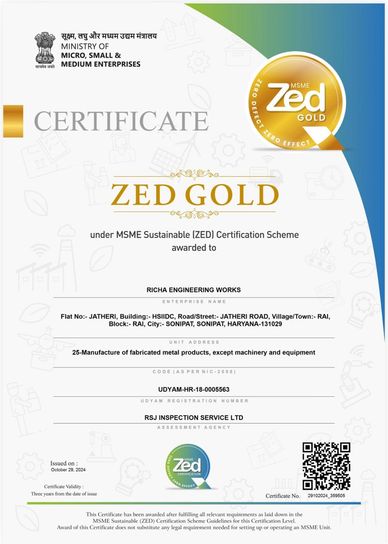 ZED Gold Certificate awarded to Richa Engineering Works for sustainable manufacturing.