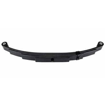 Black multi-leaf spring suspension component isolated on white.