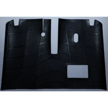 Black molded plastic automotive floor mat with custom cutouts.