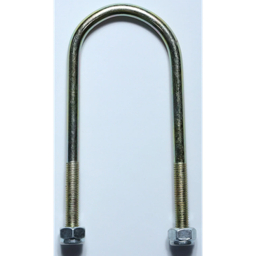 A metal U-bolt with two nuts on threaded ends.