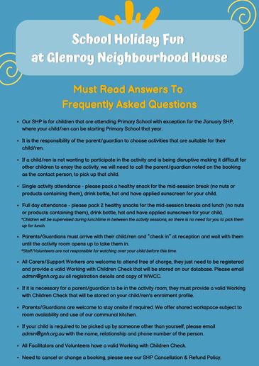 Informative flyer about school holiday activities at Glenroy Neighbourhood House.