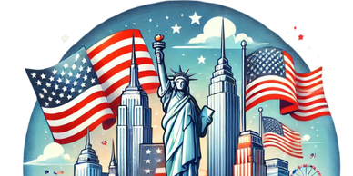 Illustration of the Statue of Liberty with American flags and cityscape.