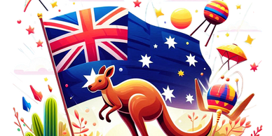 Colorful Australian-themed illustration with kangaroo and flag.