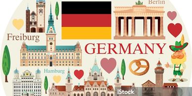 Illustration of Germany's iconic landmarks and cities with traditional elements.