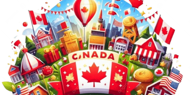 Colorful Canadian-themed illustration with flags, landmarks, and festive elements.