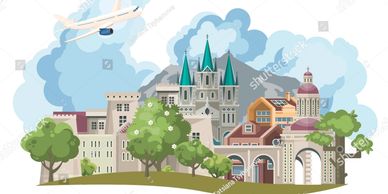 Illustration of iconic Irish landmarks with plane and national flag welcoming visitors.
