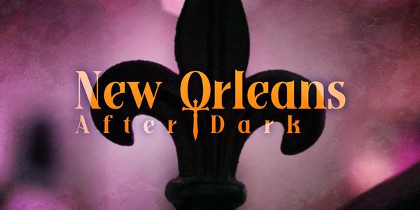 A silhouette of a fleur-de-lis over a light pink background with the title "New Orleans After Dark"